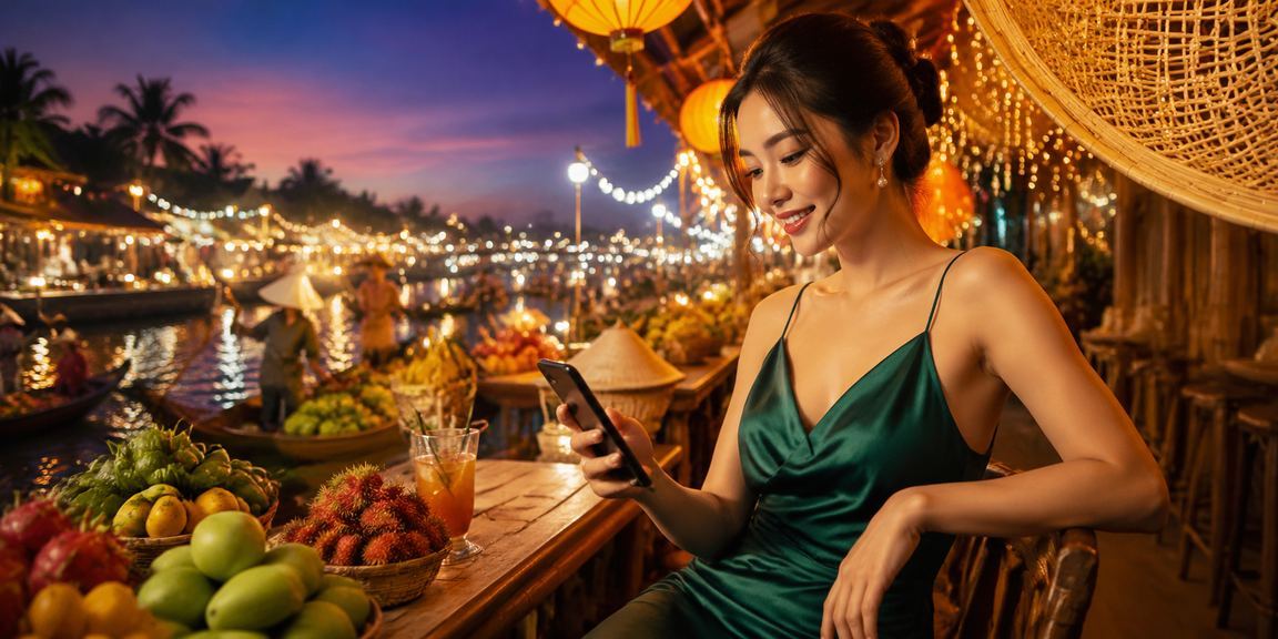 Người dùng đang trải nghiệm cá cược di động bên bờ sông Mê Kông với nón lá truyền thống